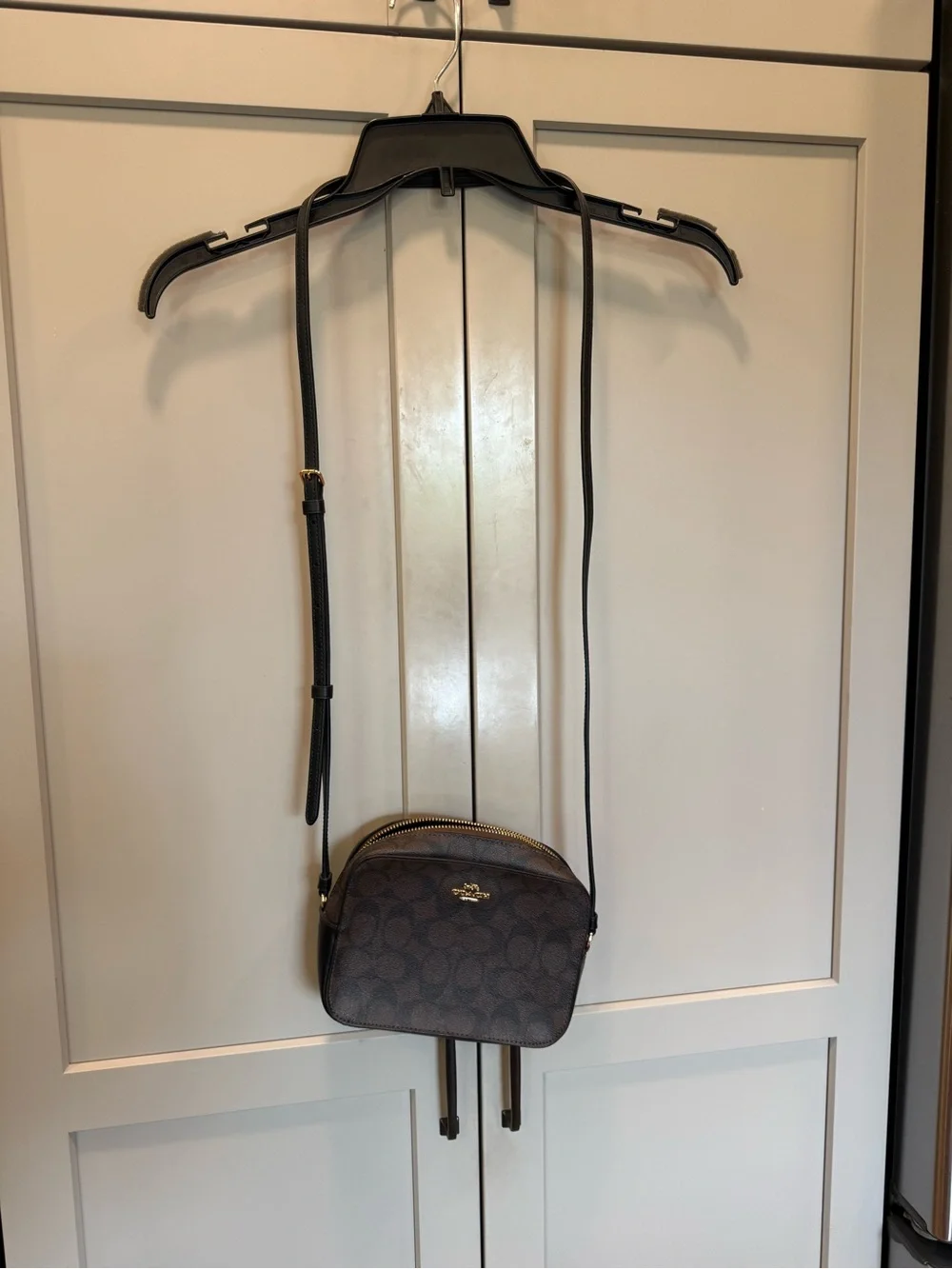 Coach Mini Jamie Camera bag-Brown Signature Crossbody Bag with Black Strap